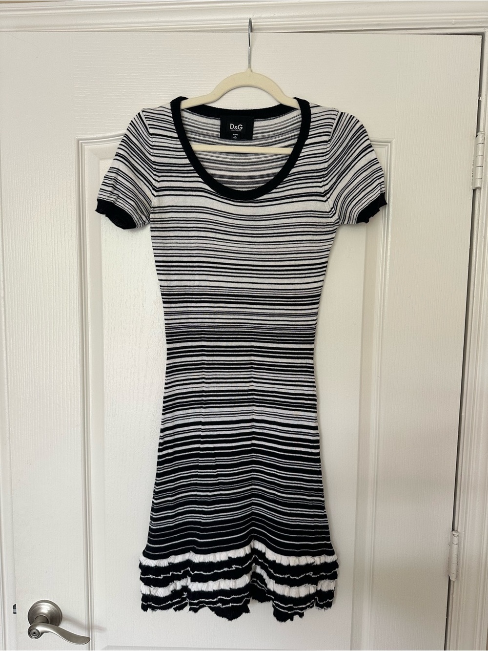 Dolce & Gabbana Black & White Striped Knit Mini Dress with Ruffle Hem